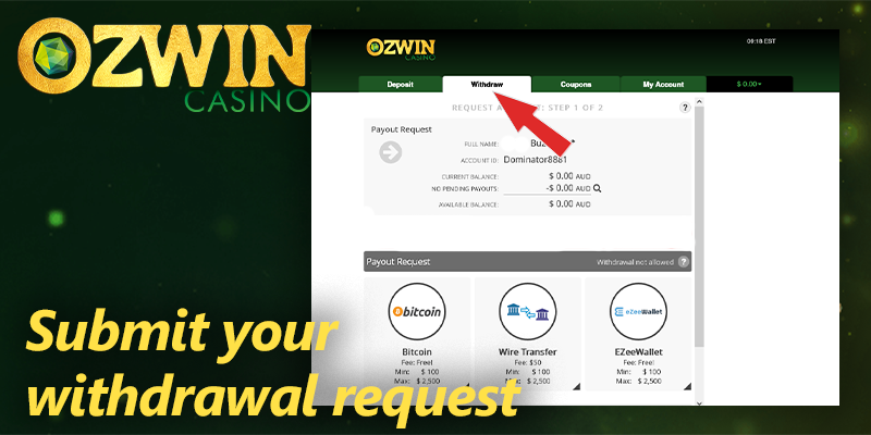withdrawal tab at ozwin casino