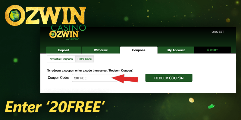 enter code '20FREE' at Ozwin casino and get 20 free spins