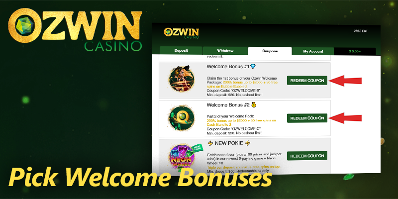 Choose one or both welcome bonuses at Ozwin casino