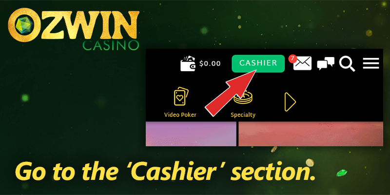 red arrow on Cashier button at Ozwin casino