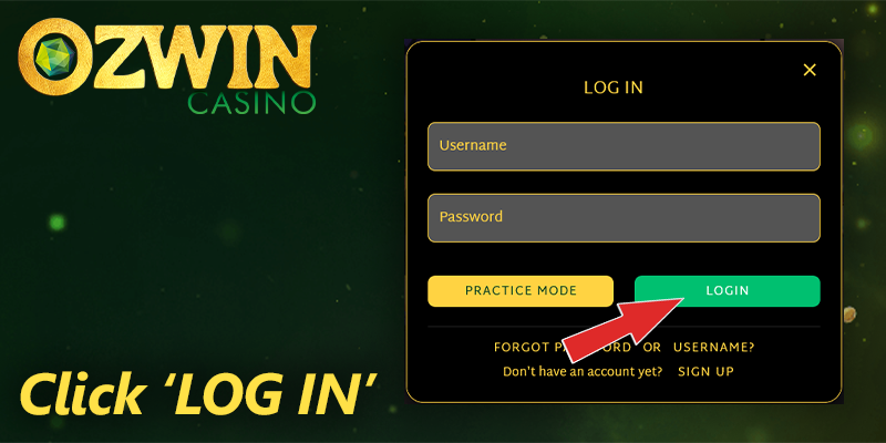 Log in form at Ozwin casino - click 'Log in' button and start playing