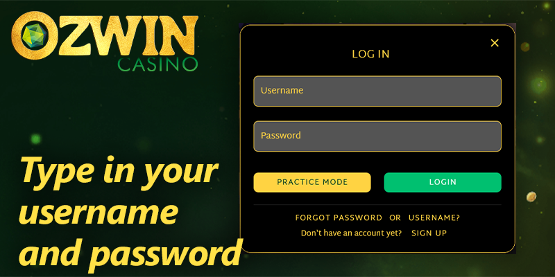 Log in form at Ozwin casino: enter your username and password