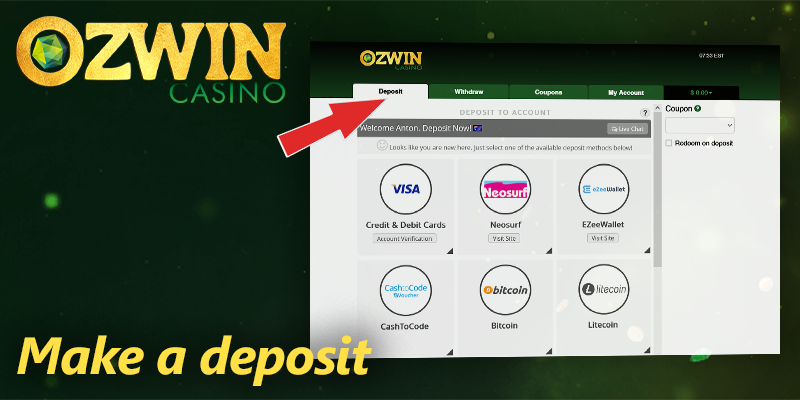 Make a deposit at Ozwin casino