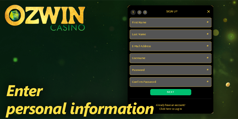 Register form at Ozwin casino - enter First name, Last name, Email, Username, and Password