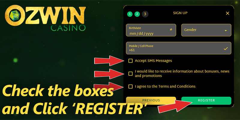 Register form at Ozwin casino - check the boxes and click 'Register'